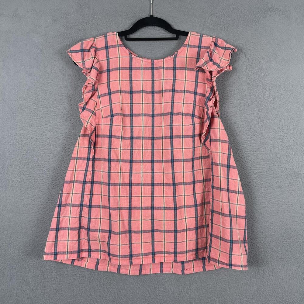 Anthropologie Coral Pink Plaid Ruffle-Sleeve Top